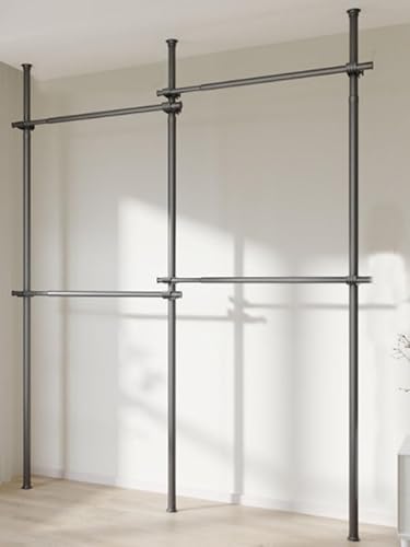 つっぱり式ハンガーラック 2段 3段 伸縮 高さ 110-310cm 幅 75-240cm 突っ張り スリム コンパクト 省スペース おしゃれ インテリア 収納家具 衣類収納 洋服掛け 室内干し スラックスハンガー 壁面収納 ポールハンガー 大容量 (ブラ