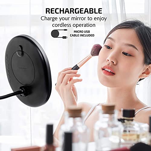 Ovente 8.5'' Lighted Makeup Mirror, Rechargeable Swivel Gooseneck With Attachable Suction Cup Mount, 10X Magnetic Mini Magnifier, Dimmable Led, For Bathroom, Home & Travel, Usb Powered, Black Mow22B #TOP2