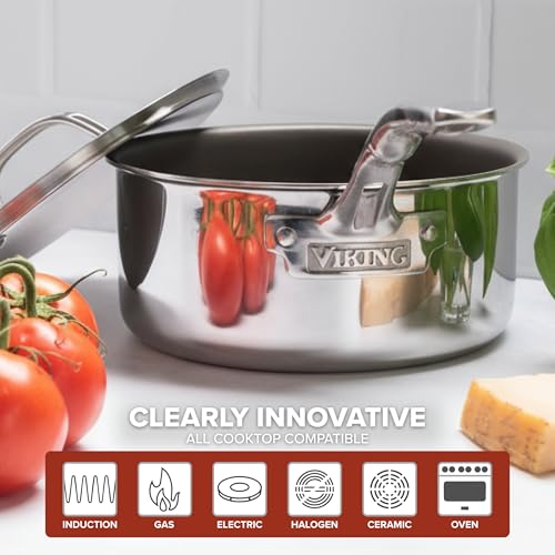 Image of Viking PureGlide Pro 3-Ply Nonstick Sauce Pan, Made without PFAS, 3-Quart Induction Cooking Pot with Lid, Metal Utensil Safe Titanium Nonstick Surface, Oven Safe to 600F