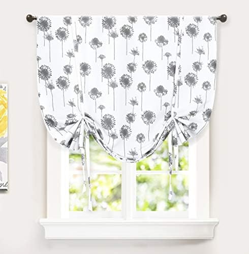 DriftAway Floral Tie Up Curtain Dandelion Botanical Pattern Painting Tie Up Curtain Room Darkening Thermal Insulated Adjustable Balloon for Small Window Rod Pocket 1 Panel 45 Inch by 63 Inch Gray