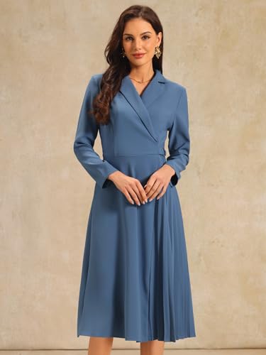 Image of Hobemty Women's Wrap Dress A-Line Pleated Midi Long Sleeve Dresses