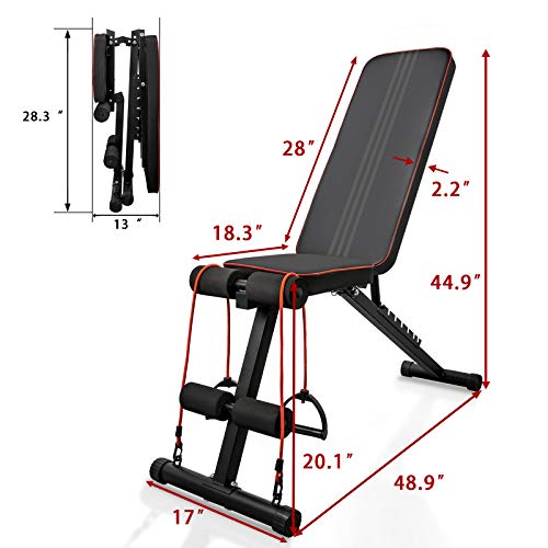 QingAn Adjustable Weight Bench for Home Gym, Foldable Incline Strength Training Bench for Full Body Workout,Decline Sit Up Bench with Elastic Ropes for Fitness Exercises and Weight Training