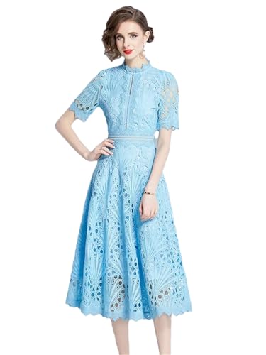 Image of Womens Vintage High-End O-Neck Short Sleeve Lace Hollow Out Dress Slim Elegant Long Dress