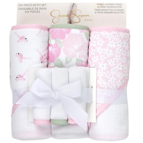 Image of Jessica Simpson Baby 6-Piece Hooded Towel & Washcloth Set - Soft Polyester Baby Bath Towels - Butterfly & Lavender Floral Prints (Green Floral & Flamingo)