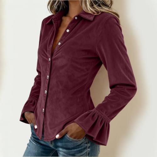 Carydety Women's Velvet Tops Slim Fit Button Down Shirt with Ruffle Cuffs - image 3