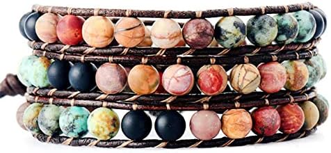 Boho Wrap Bracelets Natural Jasper Crystal Stone Variety Beads Strand Bracelet,Beaded Handmade Turquoise Bracelets（African Turquoise）