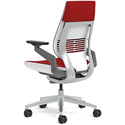 Steelcase Gesture Office Chair - Cogent Connect Scarlet Upholstered Wrapped Back Platinum Metallic Frame High Seat Light Seagull Seat/Back Dark Merle Arms (Light/Light) Hard Floor Caster Wheels