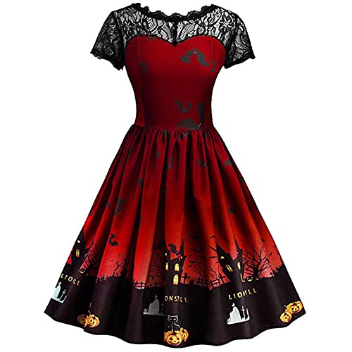 Halloween Cocktail Dresses Skeleton Pumpkin Lace Short Sleeve Vintage Gown Evening Party Swing Dress Plus Size D Red