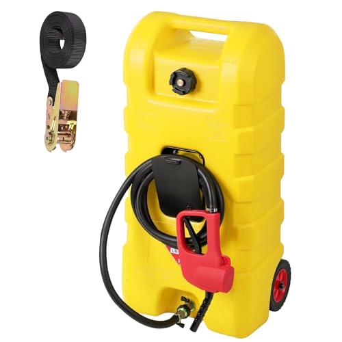 Fuel Caddy Portable Gas Fuel Tank Container with LE Fluid Transfer Siphon Pump and 10ft. Delivery Hose Diesel Storage Can On-Wheels for Cars Lawn Mowers ATVs Boats (Yellow 15 Gallon)