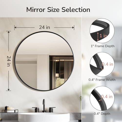 Image of USHOWER 24 Inch Black Round Mirror for Over Sink | Circle Bathroom Mirror, Metal Frame Vanity Mirror, Modern Wall Mirror for Entryway Living Room