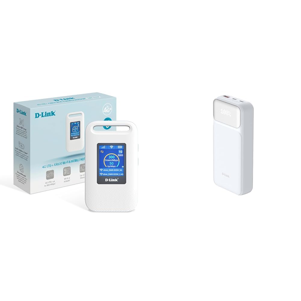 Bundle aus D-Link DWR-933W 4G LTE AX600 Wi-Fi 6 Mobiler Hotspot mit LCD-Display+ D-Link DPP-201 20000 mAh Powerbank (USB-C & USB-A Schnellladung 65 W, LED-Anzeige, 3 Geräte gleichzeitig