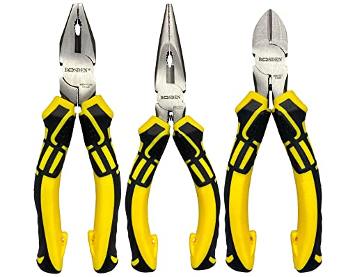 BOOSDEN 3 PCS Pliers Tool Set, 6 Needle Nose Pliers, 6 Diagonal Cutters, 6 Linesman Pliers for Basic Repair, DIY Projects and Home Maintenance