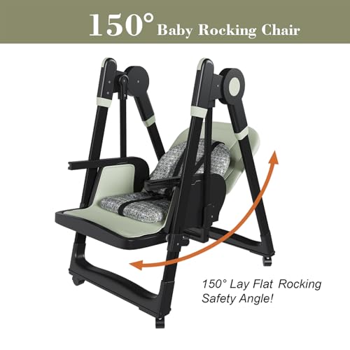 Image of Foldable Baby High Chair with 150 Swing & Recline,Convertible High Chairs for Babies and Toddlers,5 Height Levels,3 Backrest & Footrest Positions,Removable Double Tray,Lockable Wheels (Dark Green)
