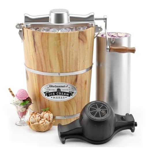 Elite Gourmet EIM916 Old Fashioned 6 Quart Vintage Wood Bucket Electric Maker Machine Appalachian, Bonus Classic Die-Cast Hand Crank, Uses Rock Salt Churns Ice Cream in Minutes, Pine