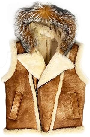 Jakewood Men's Winter Shearling Vest with Hood and Real Fur Cognac Brown Color