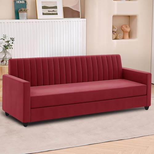 Image of 5 Seater Wooden Sofa Set 3+2 with Ottoman, Premium Velvet Fabric Comfortable Seating, Modern Space Saving Design for Living Room, Office and Guest Room - Red