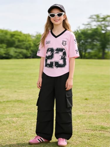 Image of Tween Girls Clothes Short Sleeve Graphic T-Shirt Top + Cargo Pants 2pcs Outfit Set, Size 7-15Years
