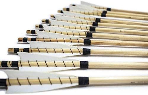 FlyArchery 32'' Self Nocks White Shield Fletching Wooden Arrows with Field Points For Recure or Longbow Hunting Arrows(Pack of 12)