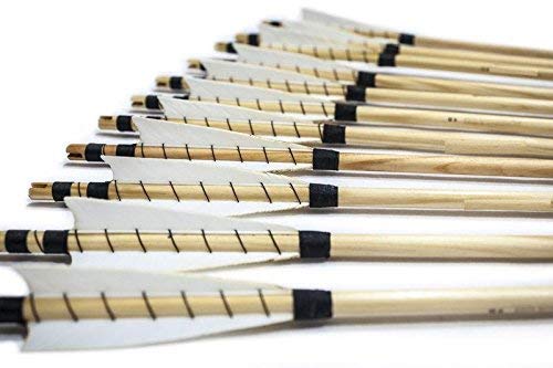 FlyArchery Archery Target Arrows, 32'' White Shield Feather Fletched Wooden Arrows with Field Points for Recure Bow Longbow Hunting Practice(Pack of 12)