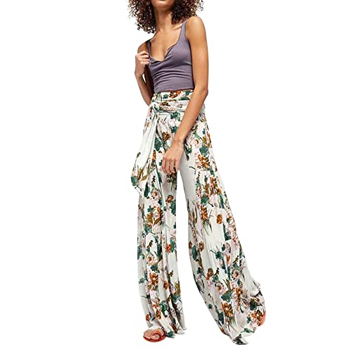 Wocachi Women?S Summer Boho Tiered Wide Leg Pants Front Tie High Waist Loose Casual Beach Palazzo Pants With Belt 2022 Floral Capris Trousers Full Length Loose Linen Capri Pockets High Waist #TOP4