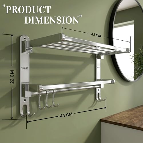 Image of GLOXY Premium 18 Inch Towel Rack for Bathroom - Chrome Finish Stainless Steel Folding Towel Hanger with Shelf - Wall Mounted Home Decor Towel Holder Rack Shelf Bathroom Fittings Accessories Set