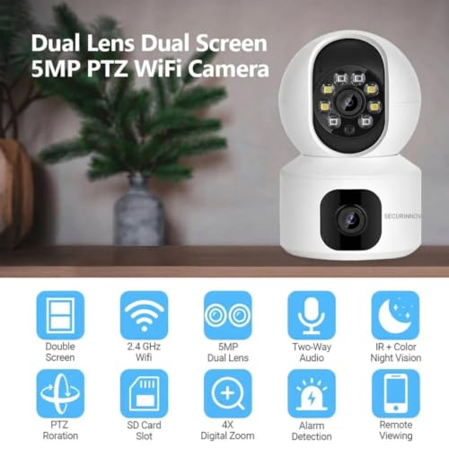 Image of securinnov 5MP Indoor WiFi Smart CCTV Camera for Home | 1080p Full HD | Color Night Vision | Motion Detection | Two Way Audio | Wireless Home Security Camera with Mobile App V380 Pro (Upro Dual Lens)