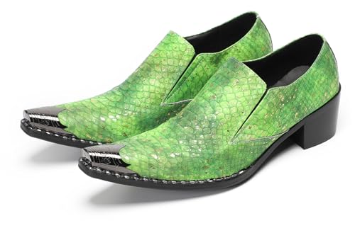 Image of Men Casual Shoes Exotic Snakeskin Leather Slip-On Loafers – Stylish Metallic Toe, Comfortable Block Heel, Ideal for Wedding, Party, Ballroom,Bar & Semi-Formal Occasions LightGreen 13 US