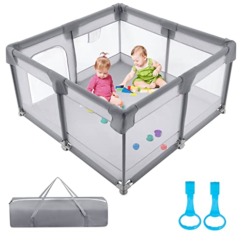 ZESHWER Baby Playpen, Playpen for Babies with Gate, 47x47inch Large Playpen for Toddlers, Baby Fence Play Area, Sturdy Safety Baby Play Yard with Soft Breathable Mesh, Grey