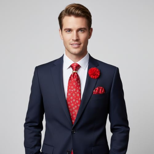 Image of 5PCS Mens Silk Tie, Pocket Square, Cufflinks, Drilled Tie Ring and Lapel Pin Set for Wedding Groom Party