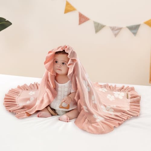 Image of Cotton Knit Baby Blanket with Ruffle Edge - Soft Baby Girl Blanket, Receiving Blanket for Newborn, Stroller & Crib Blanket, Newborn Shower Gift (Pink)