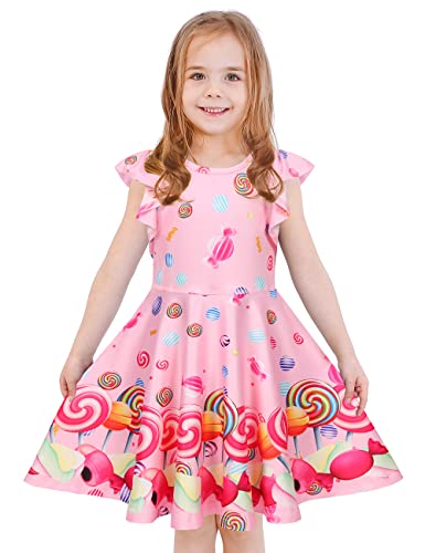 LaBeca Girls Printed Casual Party Dresses Twirly Ruffle Sleeve Dress Lollipop Cap M