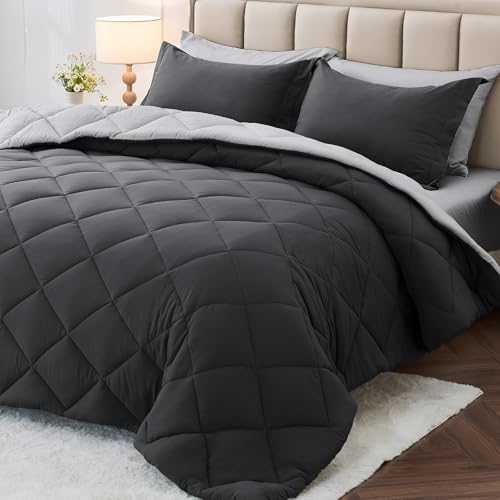 MUXHOMO 7 Pieces Queen Comforter Set, Reversible Bed in a Bag Queen Size, All Season Bedding Set with Comforter, Flat Sheet, Fitted Sheet, Pillowcases & Shams, Dark Grey & Light Grey