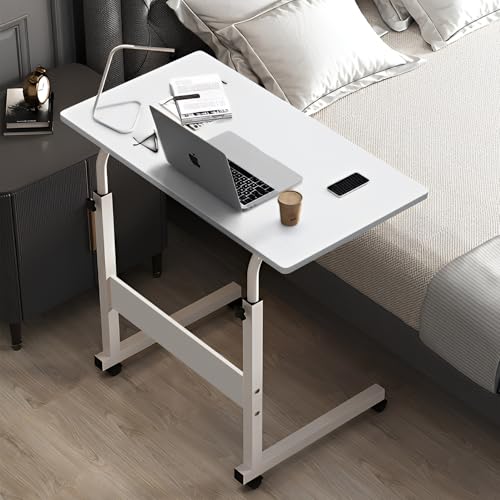 Taimi Rolling Side Table with Adjustable Height Size 60 * 40cm White Multi-Use Laptop Desk for Sofa Bed Dining & Living Room Convenient End Table with Wheels for Easy Mobility