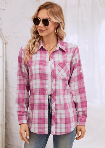 Image of SANGTREE Women and Girls Long Sleeve Flannel Casual Button Down Plaid Shirt