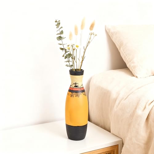 Image of Aakriti Art Creations Mustard Yellow Terracotta Vase with Madhubani Tattoo Art | Handmade Matte Finish Decorative Flower Vase | Living Room Table Decor, Floor Vase & Housewarming Gift