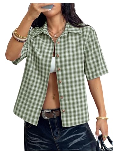WDIRARA Y2k Plaid Print Collared Button Shirt Vintage Gingham Short Sleeve Crop Blouses Preppy Clothes Green Medium