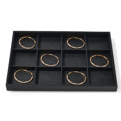 12 Grids Black Leather Jewelry Trays Stackable Jewelry Organizer Trays For Drawer Bracelet Earring Display Watches Brooches Display (Black)