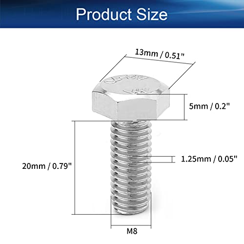Image of Bettomshin 4Pcs M8 x 20mm Hex Bolts, 304 Stainless Steel 1.25mm Thread Pitch Fully Threaded Metric Hex Head Screw Bolts, Hexagon Screw Bolt, Hex Tap Bolts, Silver (Overall Size 24.8x13x13mm)