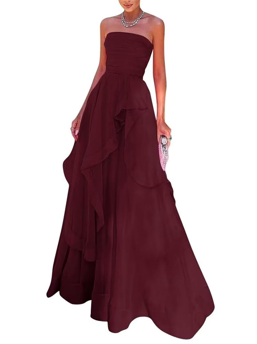 Wseyu Women's Burgundy Strapless Chiffon Prom Dress Long Sleeveless A Line Bridesmaid Dresses Formal Evening Gown Wedding Dresses Uk6