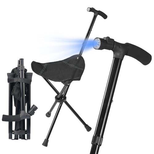 Foldable Cane with Seat&Light - Adjustable Lightweight Walking Stick for Seniors & Elderly, Portable...