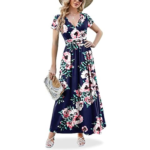 ANRILITA Maxi Dress for Women Wrap V Neck Short Sleeve Empire Pleated Waist Summer Casual Elegant Long Dresses with Pockets Pink Flower Cover