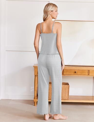 Image of Ekouaer Womens Y2K Cami Pajama Set with Flare Pants, 2 Piece Lace Trim Sleepwear Spaghetti Strap Pjs Set XS-2XL