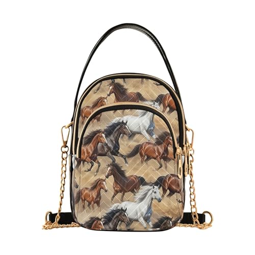 Shoulder Handbag Women Cute Print Phone Wallet Chain Strap Purse Quilted Crossbody Clutch Zipper Tote Ancient Horses Sandy Beige
