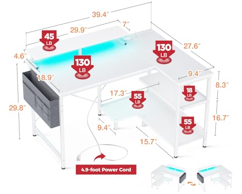 ODK-40-Inch-Gaming-Desk-with-USB-Charging-Ports-and-LED-Lights-Reversible-L-Shaped-Computer-Desk-with-Storage-Shelves-Monitor-Stand-Corner-Home-Office-Desk-Table-with-Power-Outlets-White