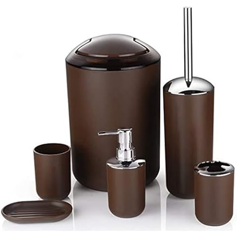 Bathroom Accessories Set 6 Piece -(Trashcan, Soap Dispenser, Toothbrush Holder, Soap Dish,Toilet Brush) for Decorative Countertop and Housewarming Gift (Brown) Cover