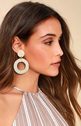 Woven Rattan Earrings Boho Colored Straw Wicker Braid Drop Dangle Earrings Handmade Circle Hoop Earrings Statement Stud Earrings For Women Girls (White) #TOP1