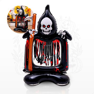 Image of AMFIN (Pack of 1) Self-Standing Foil Balloon 50 Inch Halloween Ghost Grim Reaper Balloon Hollow - Giant Halloween Inflatable Decoration with Scythe - Black