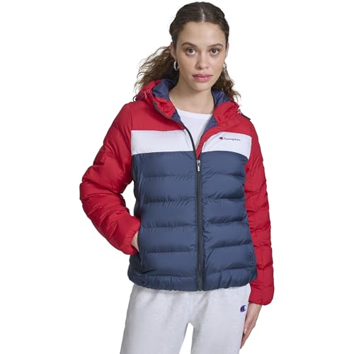 Champion Women's Quilted Hooded Packable Puffer, Red/Navy Combo, Medium
