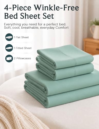Image of LuxClub 4 PC Queen Sheet Set, Breathable Luxury Bed Sheets, Deep Pockets 18 inch Wrinkle Free Cooling Sheets Machine Washable Hotel Bedding Silky Soft - Light Teal Queen