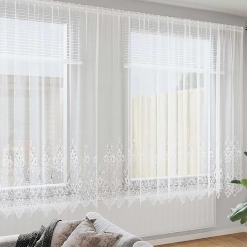 SooIarix Cortina de encaje con cortinas, color blanco, 245 x 1200 cm, poliéster opaco, para interior, elegante, protección visual, salón, dormitorio